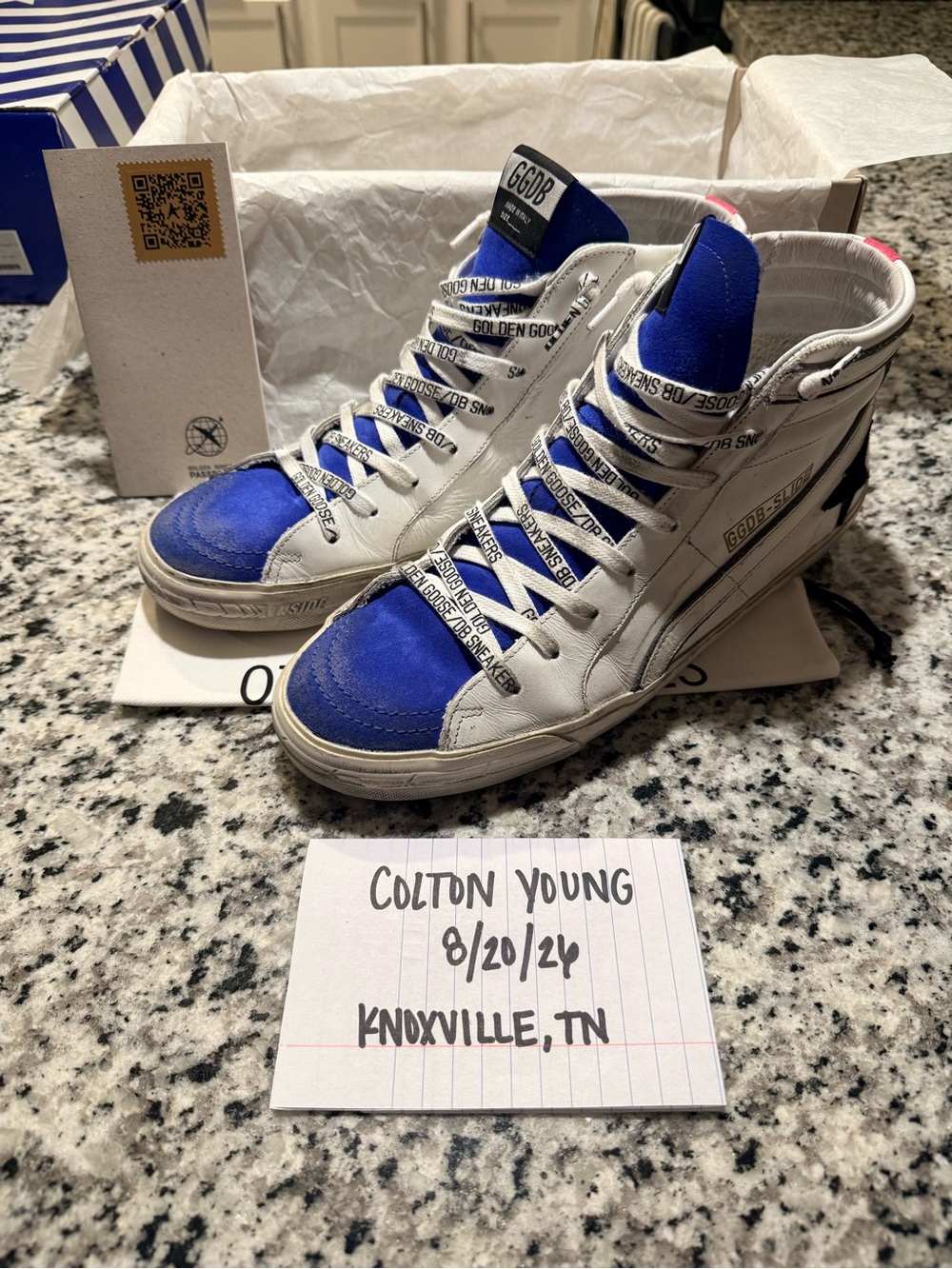 Golden Goose Kids High-Top Sneakers in White and Blue with Pink Heel Tab